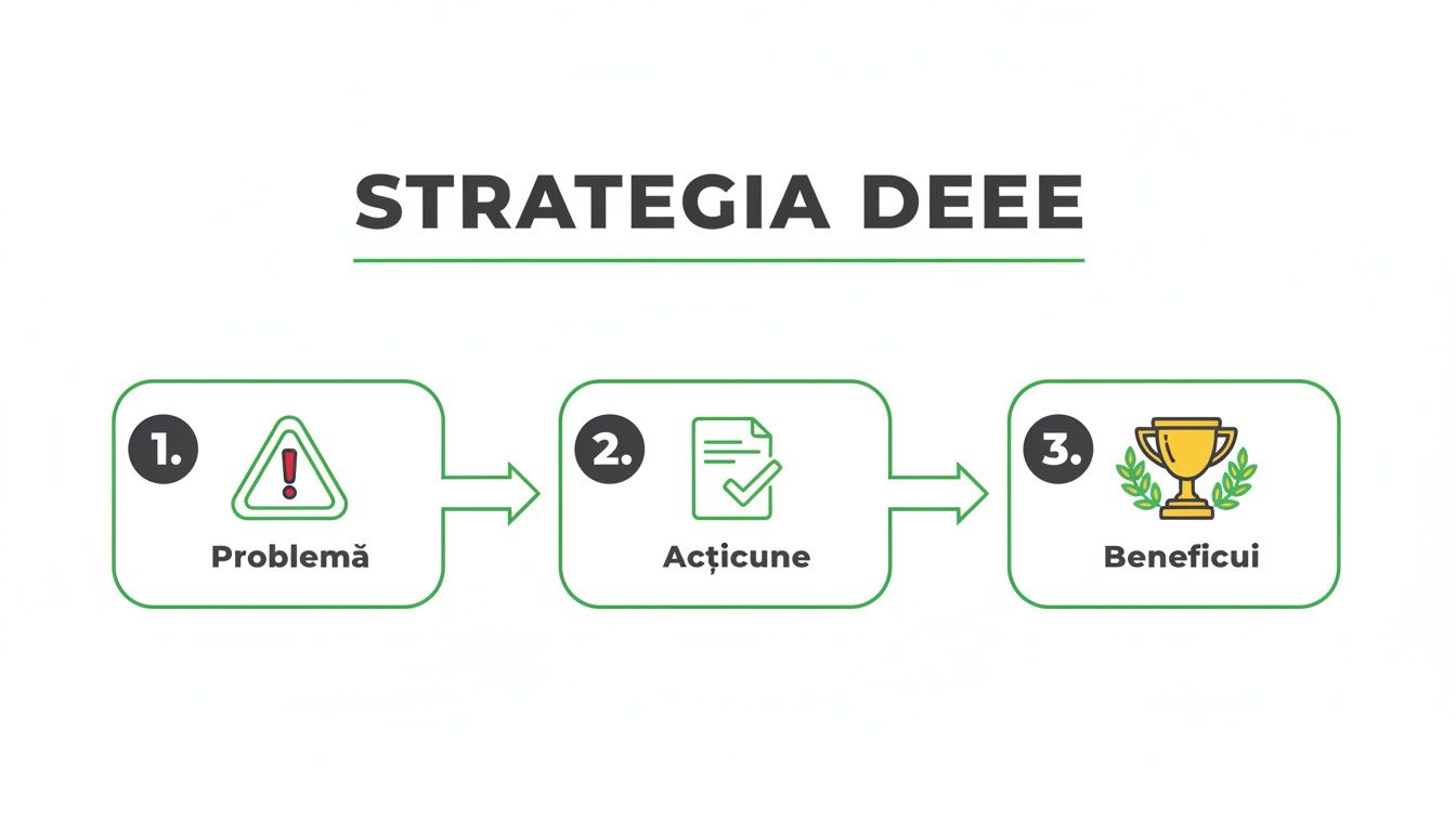 Infografic ce ilustrează strategia DEEE în trei pași: Problemă, Acțiune, Beneficii, cu iconițe sugestive.