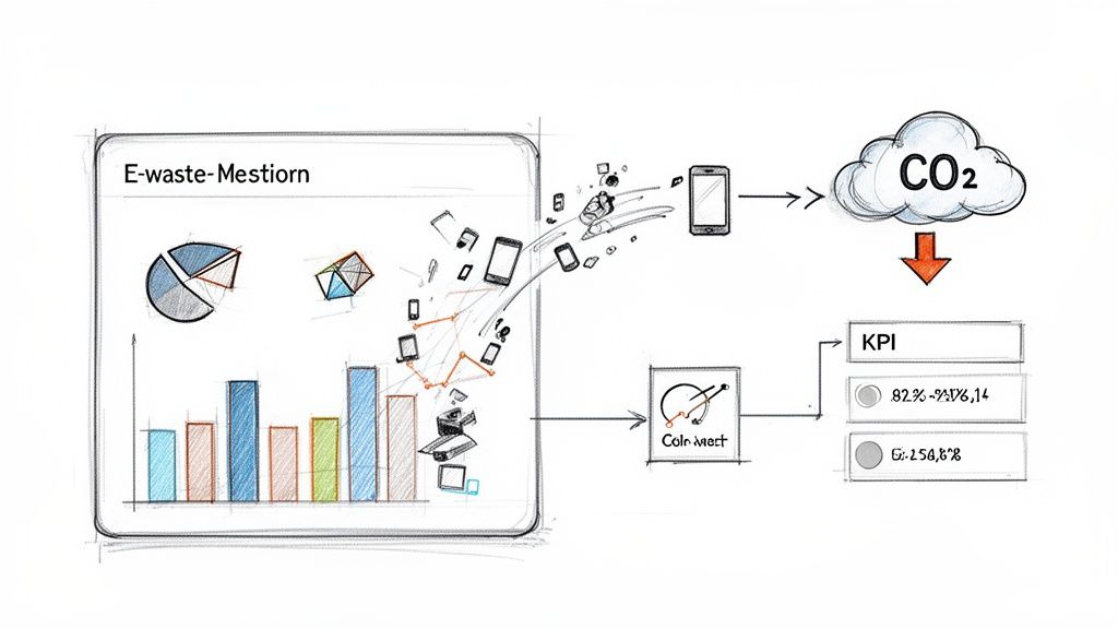 Diagramă ce ilustrează gestionarea deșeurilor electronice, date, KPI și impactul asupra emisiilor de CO2.