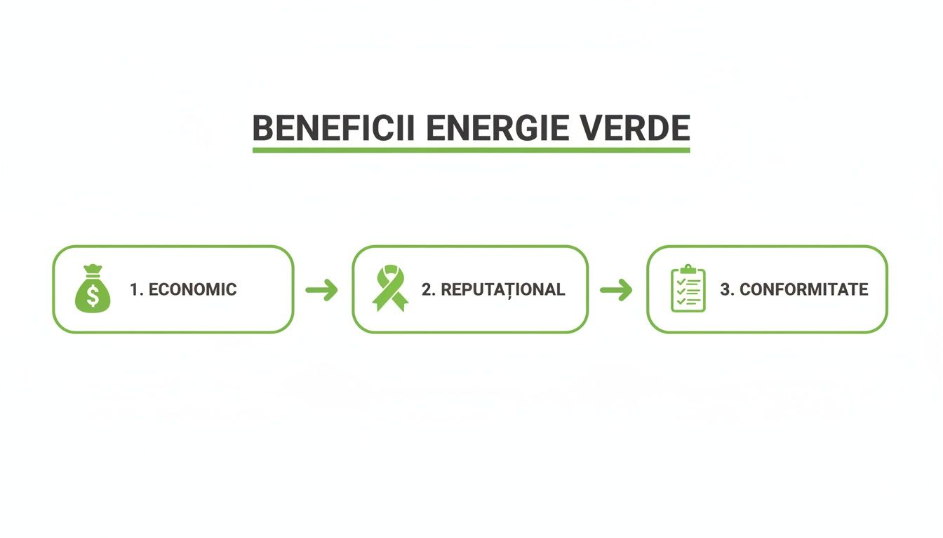 Diagrama prezintă beneficiile energiei verzi: economice, reputaționale și de conformitate, ilustrate cu pictograme relevante.