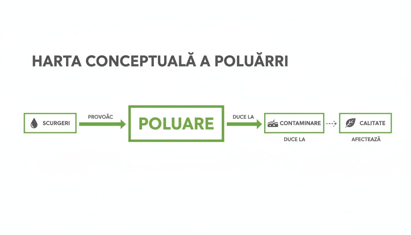 Harta conceptuală a poluării, ilustrând cum scurgerile duc la poluare, contaminare și afectează calitatea.