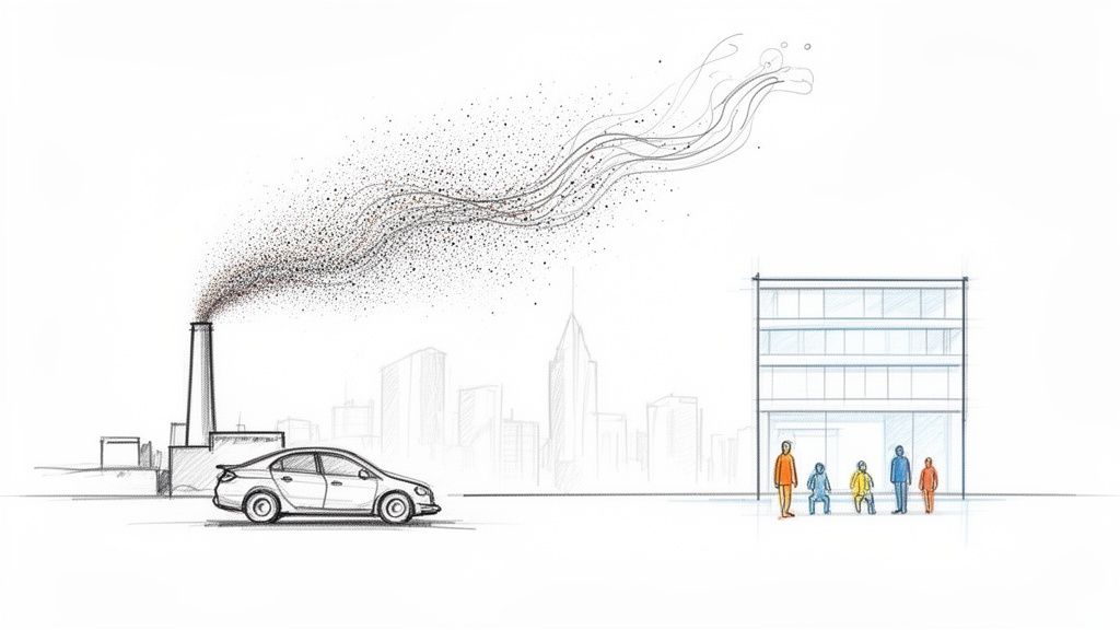 Ilustrație schiță reprezentând poluarea industrială și a traficului auto într-un oraș, cu oameni afectați.