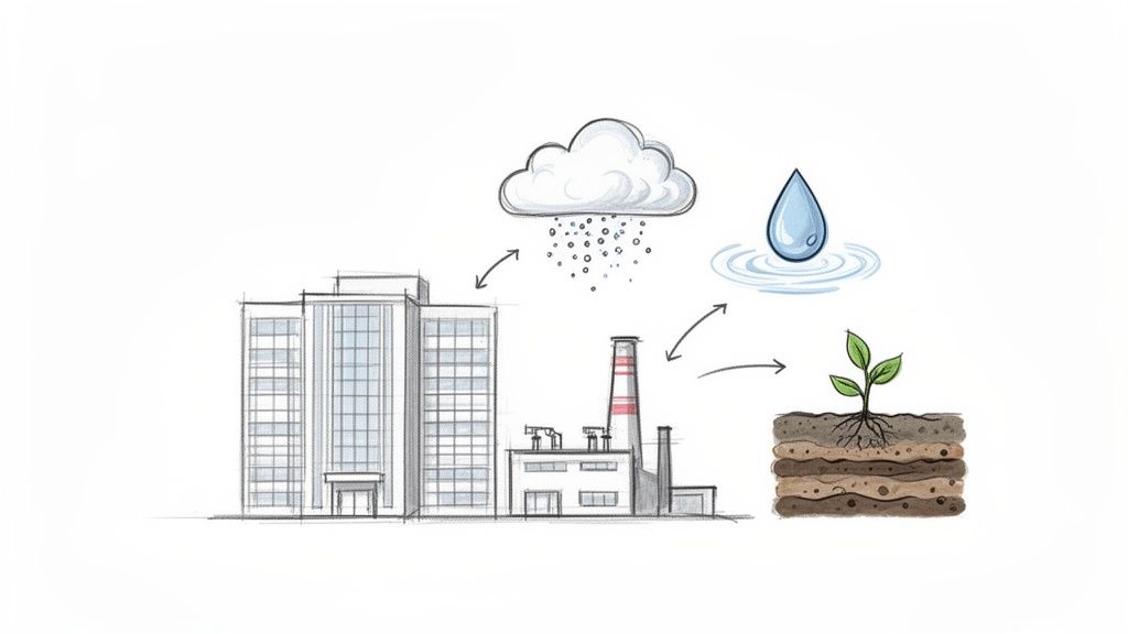 Diagramă ilustrând ciclul apei și impactul industrial asupra mediului, cu ploaie, fabrică și o plantă.