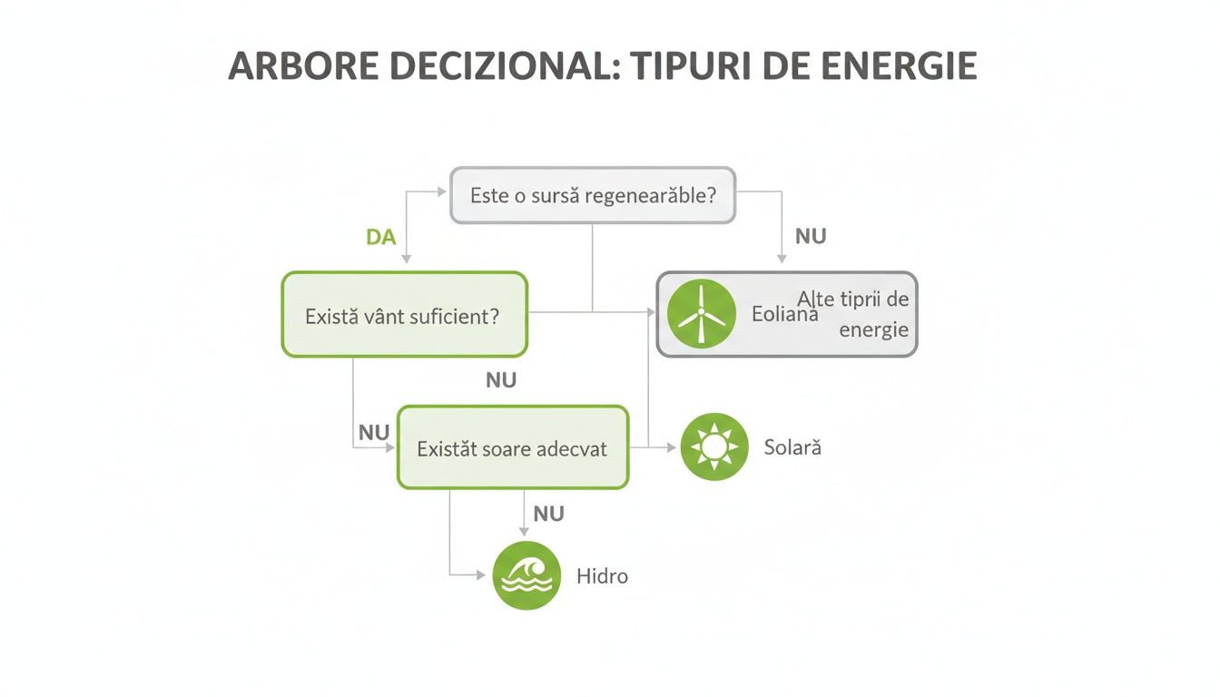 Arbore decizional despre tipurile de energie, ghidând alegerea între surse regenerabile.