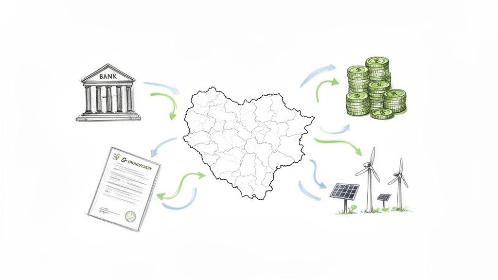 Ilustrație a unui sistem financiar pentru energie regenerabilă, cu bancă, fonduri, acte și panouri solare/eoliene.