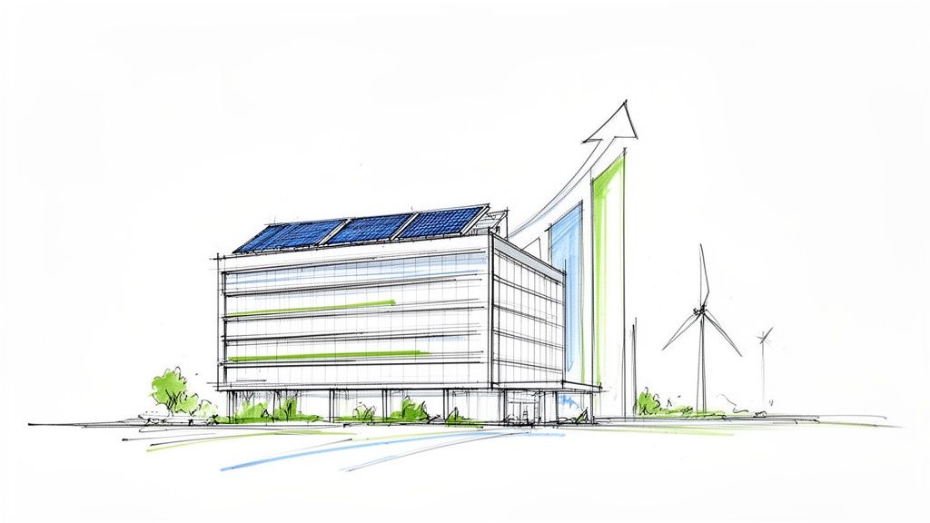 O schiță a unei clădiri moderne cu panouri solare și turbine eoliene, simbolizând energie regenerabilă și dezvoltare durabilă.
