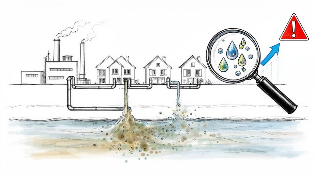 Imaginea prezintă poluarea apei de la fabrici și case, cu un semn de avertizare asupra calității apei.