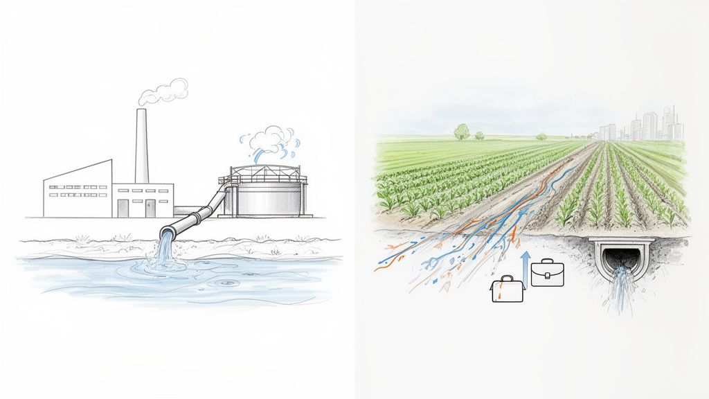 Două ilustrații: o fabrică ce deversează apă într-un râu și câmpuri agricole cu sisteme de irigații și drenaj.