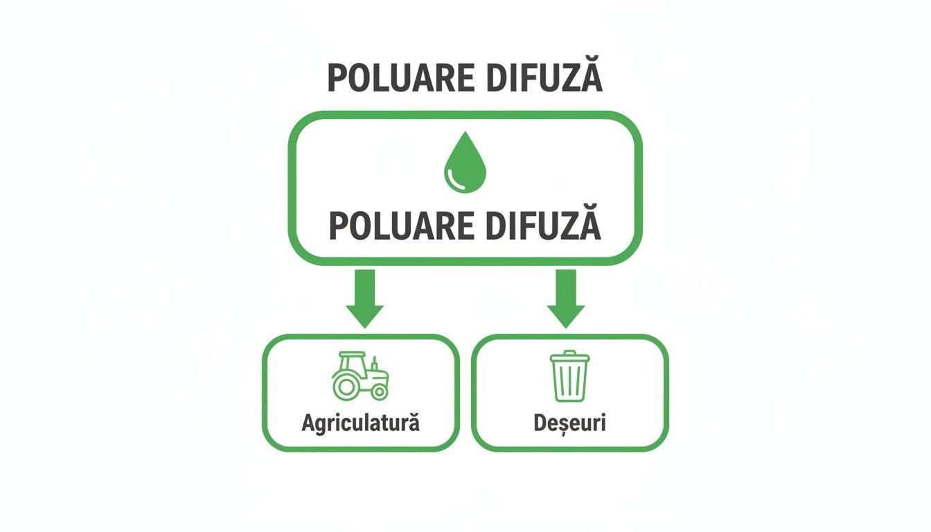 Diagramă explicativă a poluării difuze, arătând sursele principale: agricultură și deșeuri.