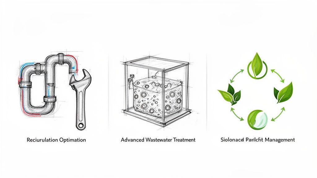 Trei diagrame ilustrând optimizarea recirculării apei, tratamentul avansat al apelor uzate și managementul ecologic.