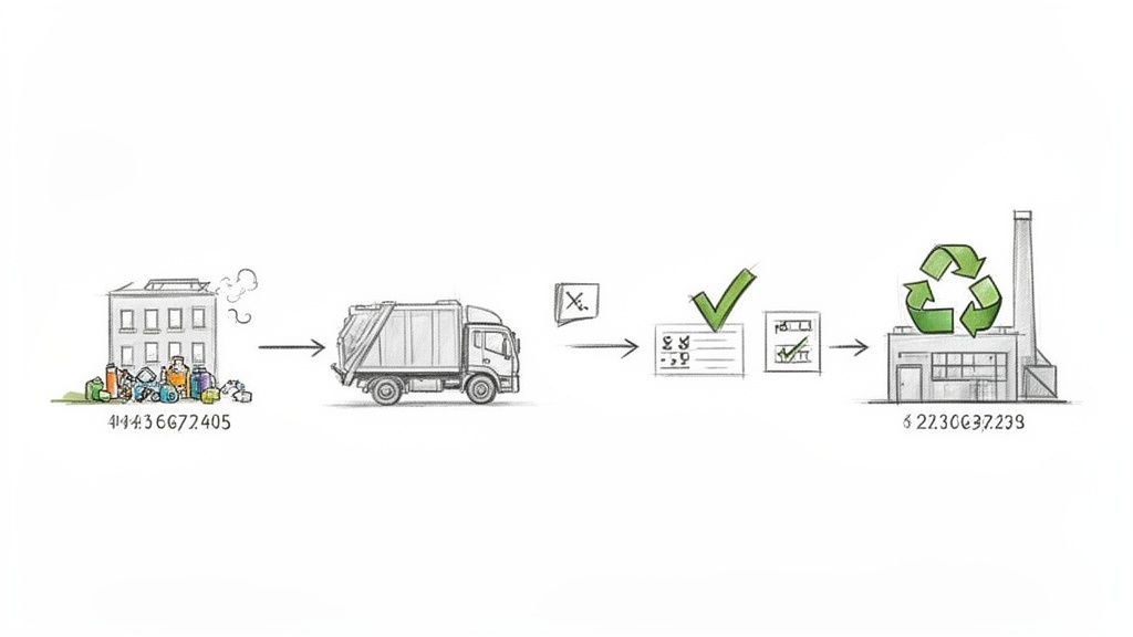 Ilustrație a procesului de gestionare a deșeurilor, de la colectare la reciclare într-o fabrică.