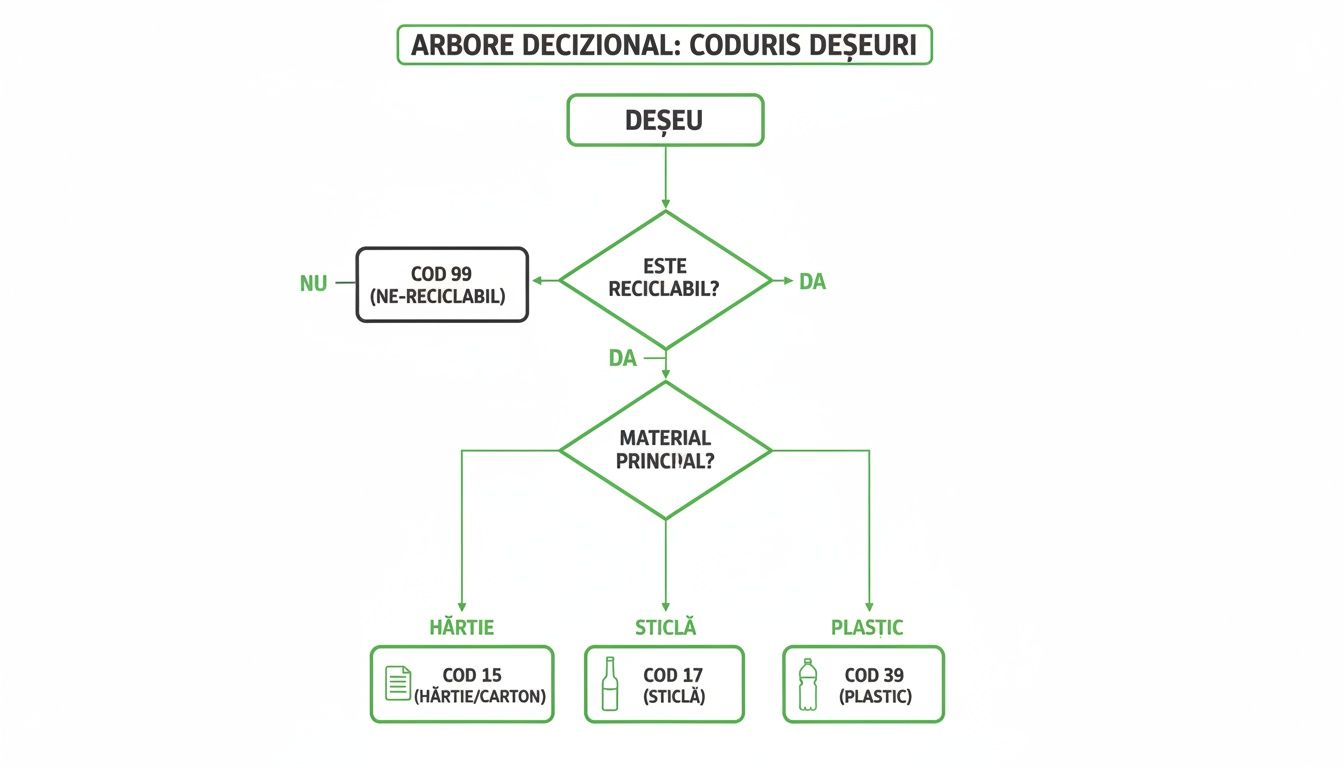 Arbore decizional pentru clasificarea deșeurilor, identificând codurile pentru materiale reciclabile ca hârtie, sticlă și plastic.