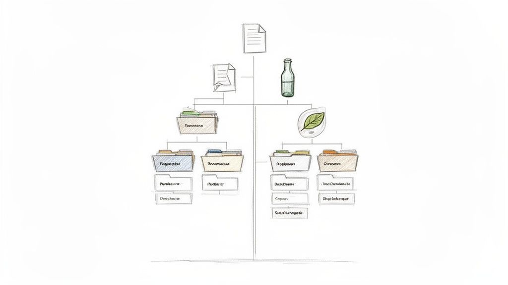 Diagramă arborescentă ilustrând un flux de procese cu documente, o sticlă, o frunză și dosare etichetate.