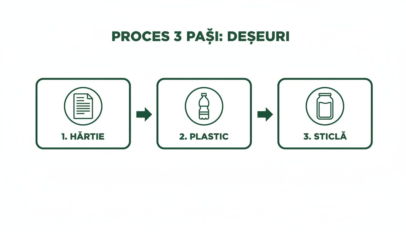 Diagramă a procesului de colectare selectivă a deșeurilor în trei pași: hârtie, plastic și sticlă.