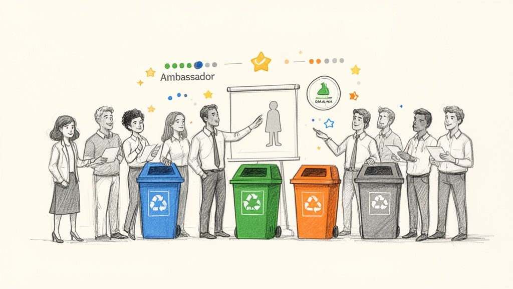 Un grup de oameni participă la o prezentare despre colectarea selectivă a deșeurilor, cu pubele colorate de reciclare.