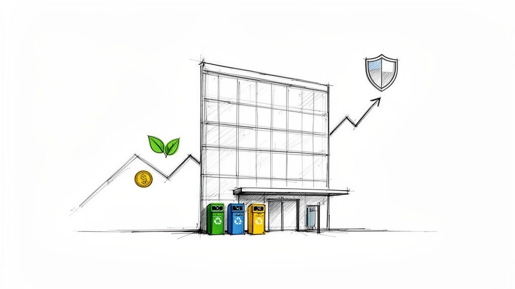 O schiță a unei clădiri cu pubele de reciclare, ilustrând creșterea financiară și protecția mediului prin colectare selectivă.