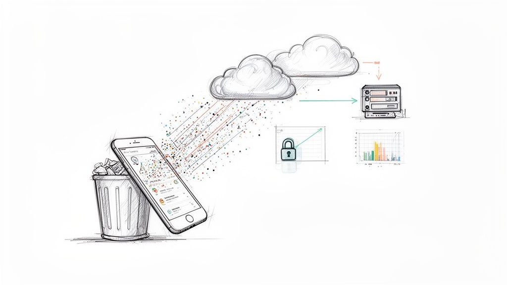 Diagramă: telefon, cloud, server și grafice ce ilustrează gestiunea sigură a datelor și a deșeurilor.