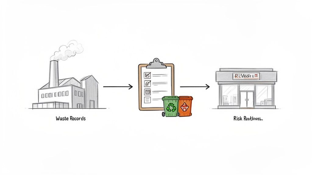 Ilustrație schematică a procesului de gestionare a deșeurilor, de la înregistrări la reducerea riscurilor, incluzând sortarea.