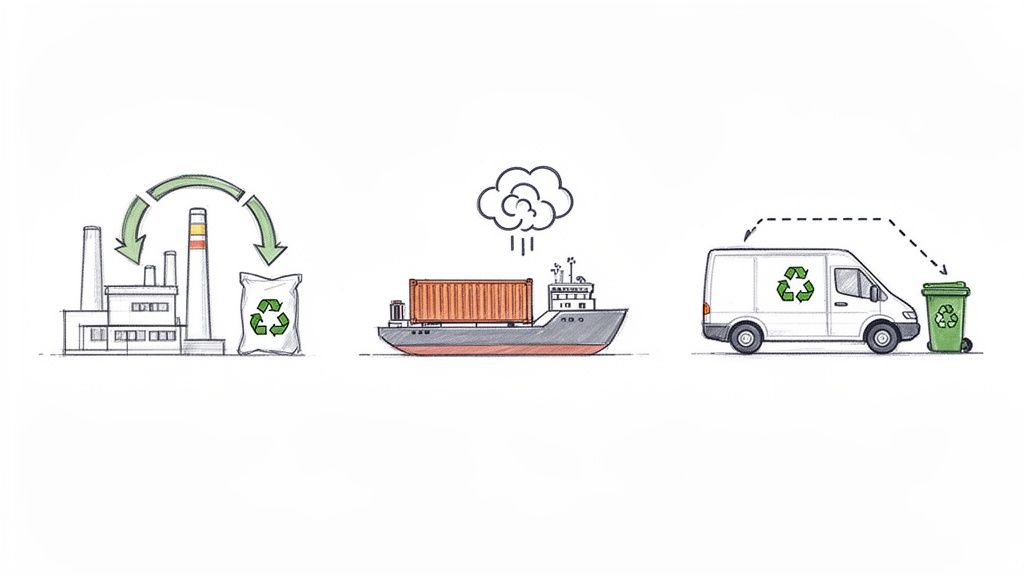 Ilustrație care detaliază ciclul de reciclare: fabricare, transport de containere și colectare a deșeurilor reciclabile.