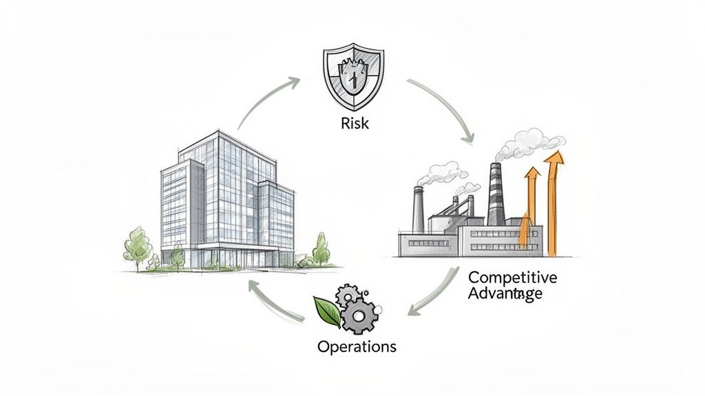 Diagramă ciclică despre risc, avantaj competitiv, operațiuni și o clădire modernă, reprezentând un ciclu de afaceri.