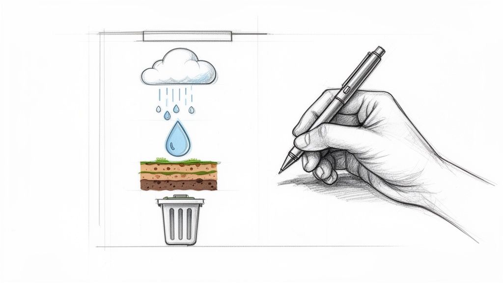 O mână desenează un ciclu: nor, ploaie, apă, pământ și coș de gunoi.