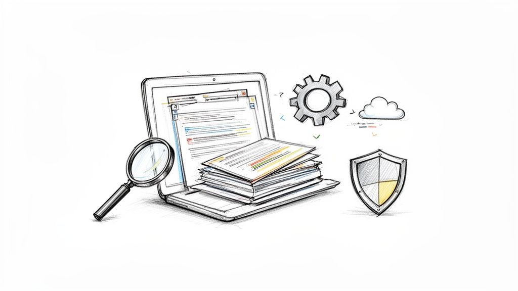 Ilustrație: laptop, documente, lupă, angrenaj, nor și scut, simbolizând gestionarea și securitatea datelor.