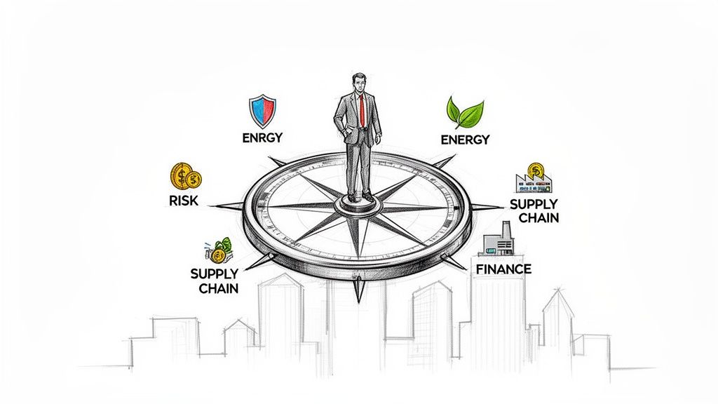 Businessman standing on a compass, navigating energy, supply chain, finance, and risk in a city.