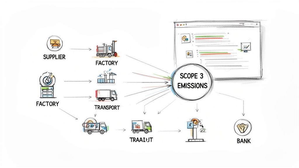 Flowchart showing various stages like supplier, factory, transport, and bank contributing to Scope 3 Emissions.