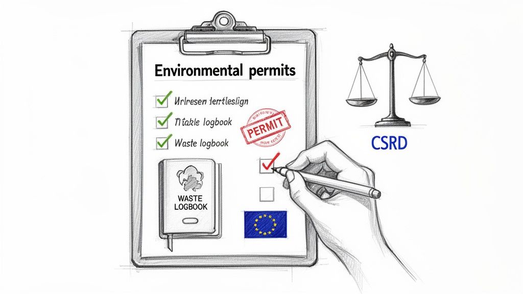 Illustration of environmental permits checklist, waste logbook, EU flag, and CSRD for compliance.