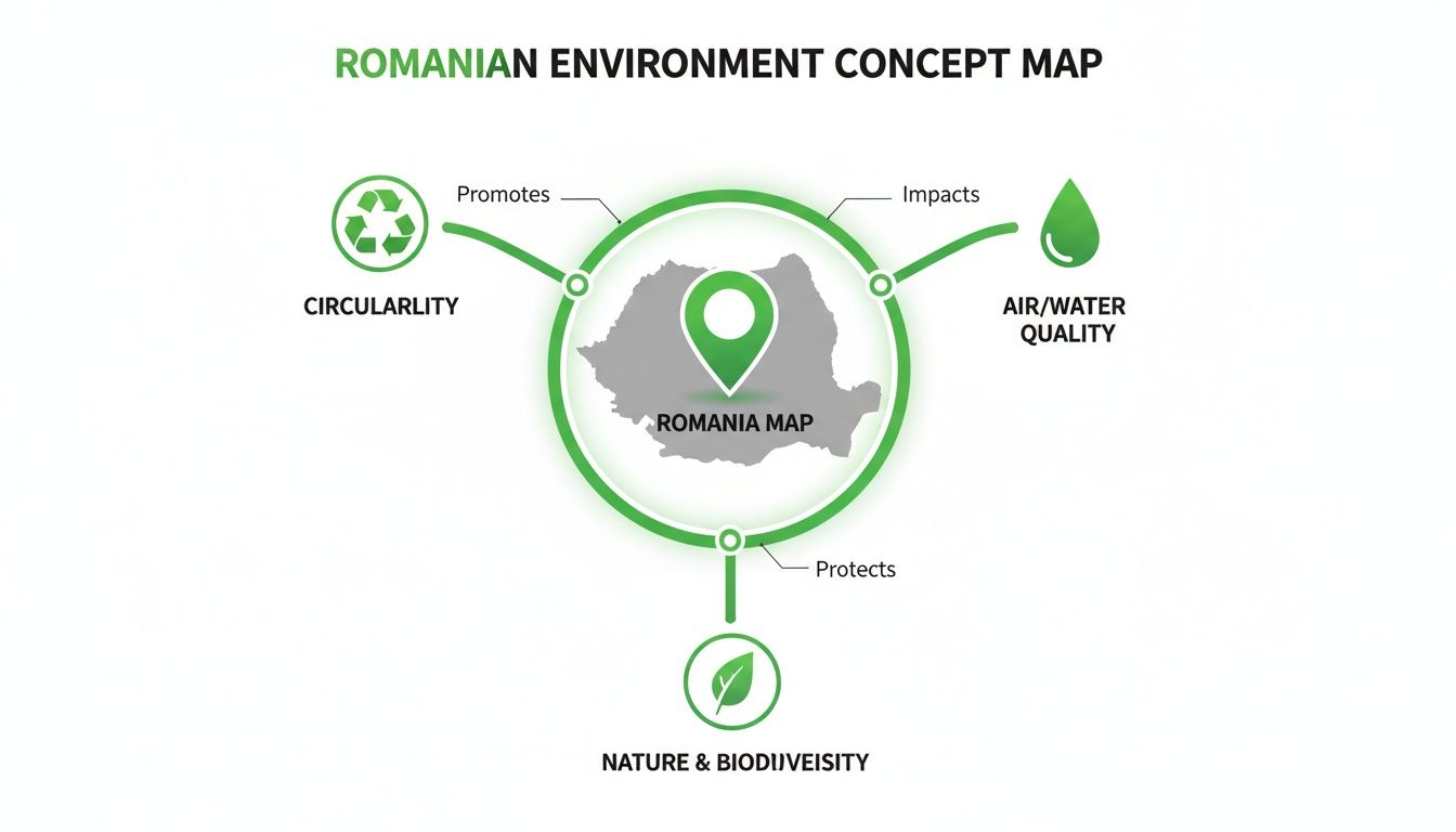 Concept map illustrating Romania's environment, connecting circularity, air/water quality, and nature protection.