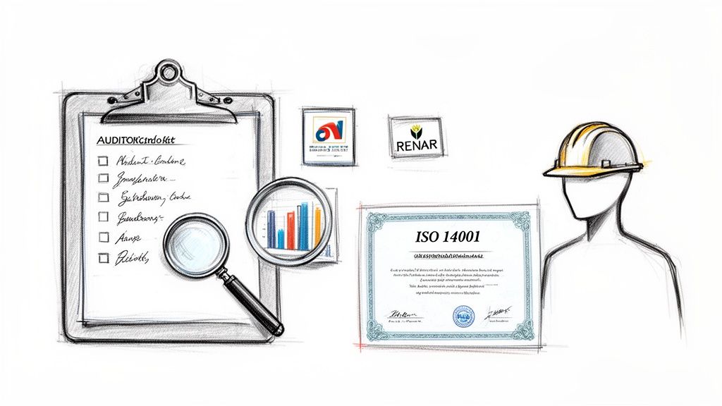 Sketch illustration of an audit checklist, magnifying glass, ISO 14001 certificate, logos, and a hard hat.