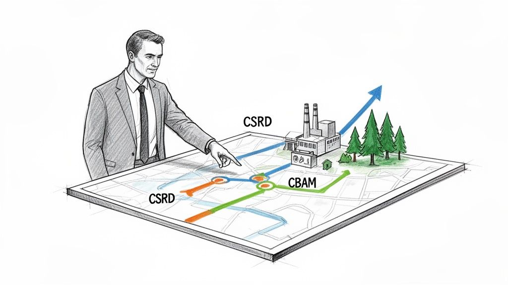 Businessman points at a map with environmental regulations (CSRD, CBAM) and a green arrow toward sustainability.