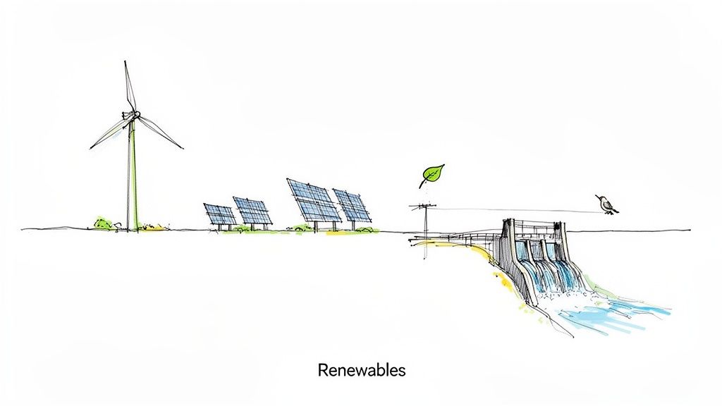 Sketch illustrating various renewable energy sources like a wind turbine, solar panels, and a hydroelectric dam.