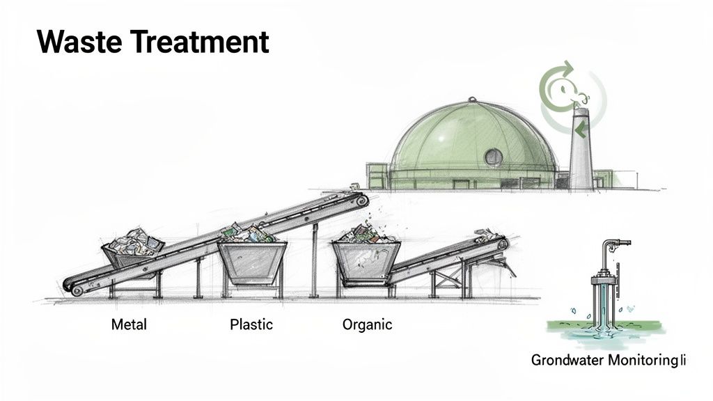 An illustration of waste treatment showing sorting of metal, plastic, organic materials, a processing facility, and groundwater monitoring.
