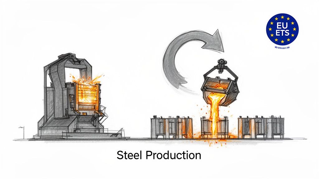 Illustration of steel production with molten metal in a furnace and being poured into molds, featuring the EU ETS logo.