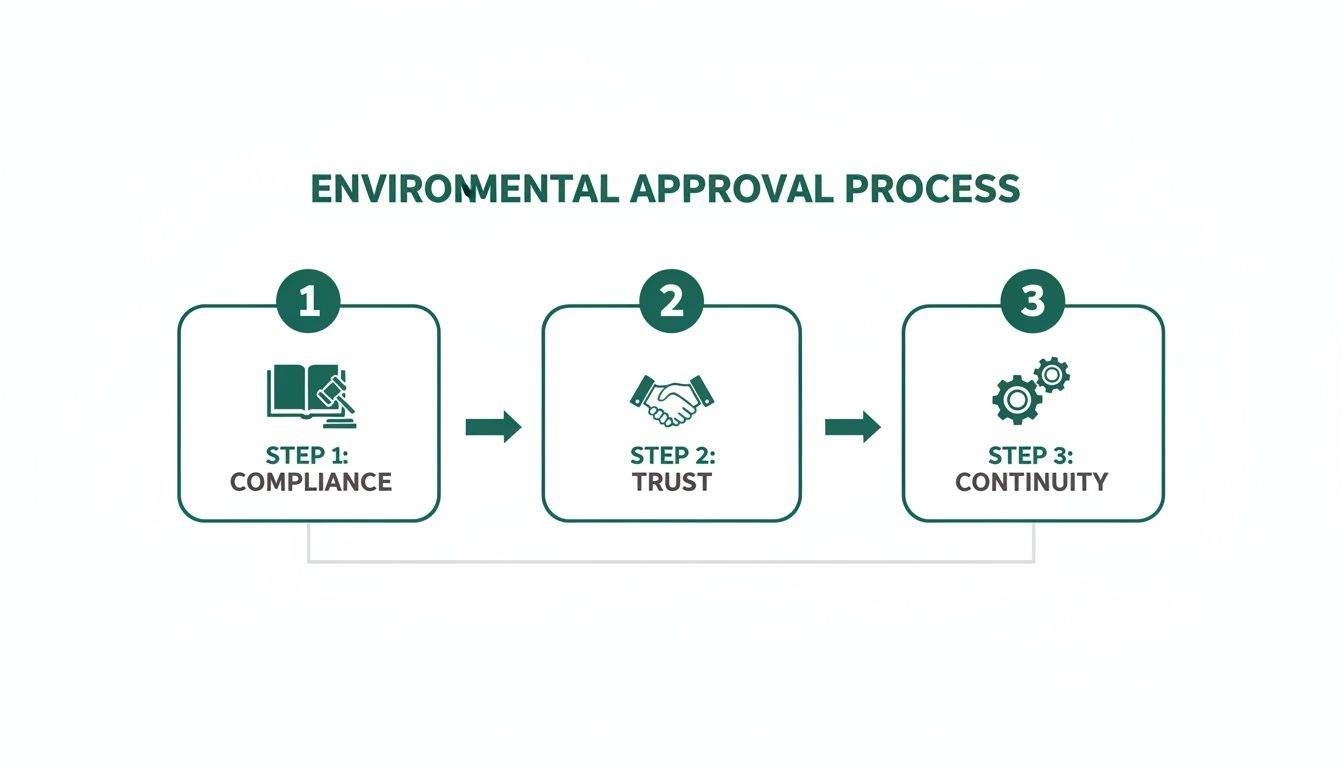 Infographic showing the three-step environmental approval process: Compliance, Trust, and Continuity.