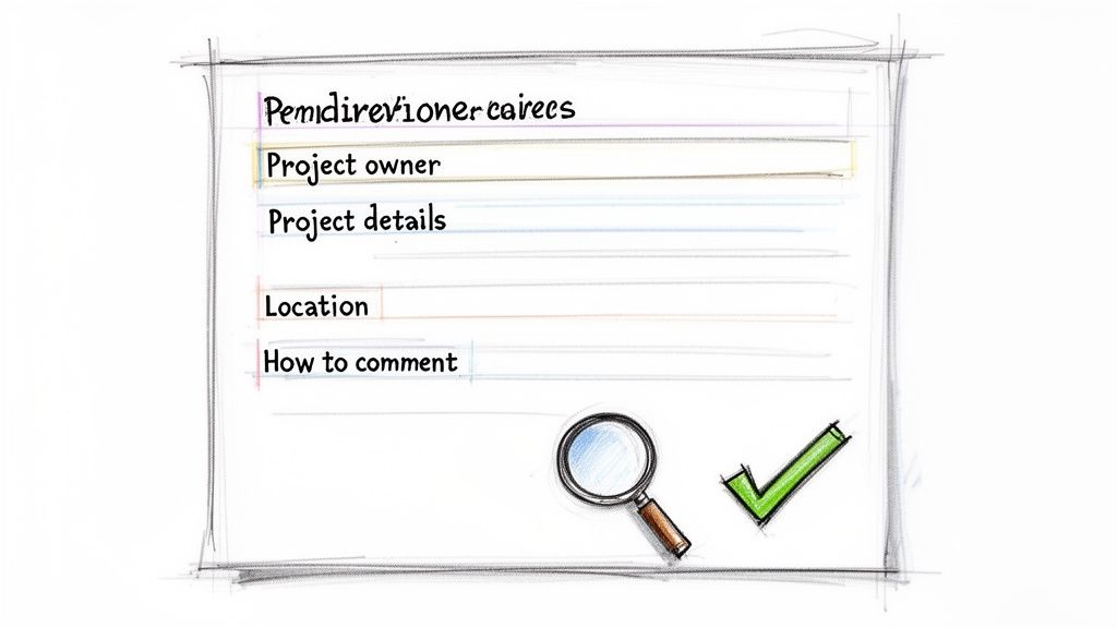 Hand-drawn form with fields for project details, a magnifying glass, and a green checkmark.
