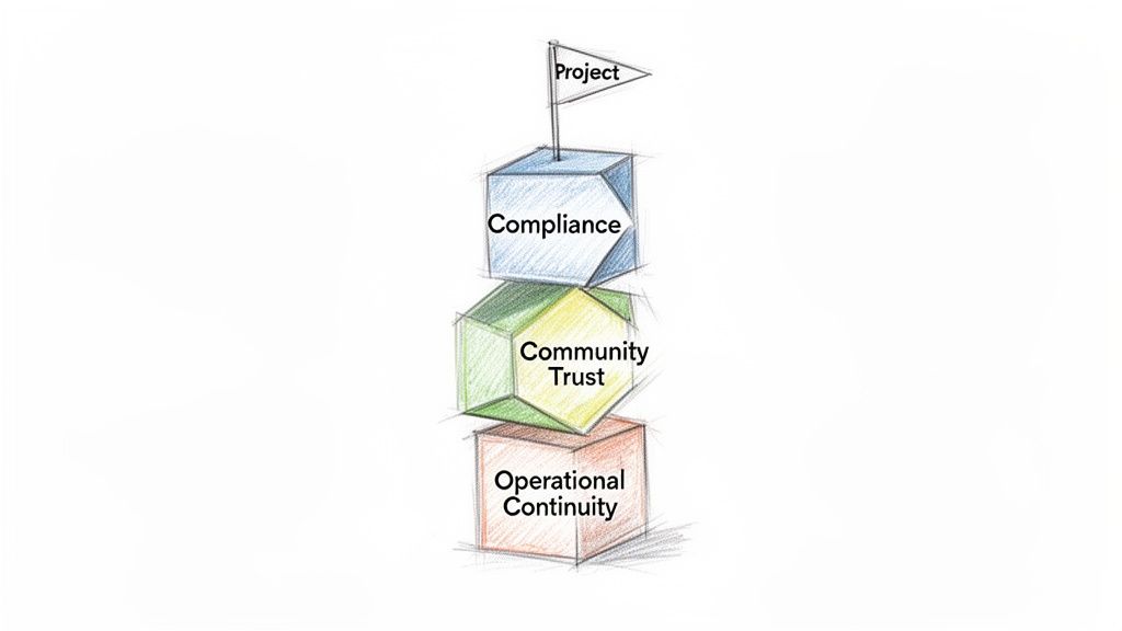 A diagram of three stacked blocks: 'Operational Continuity', 'Community Trust', and 'Compliance', topped with a 'Project' flag.