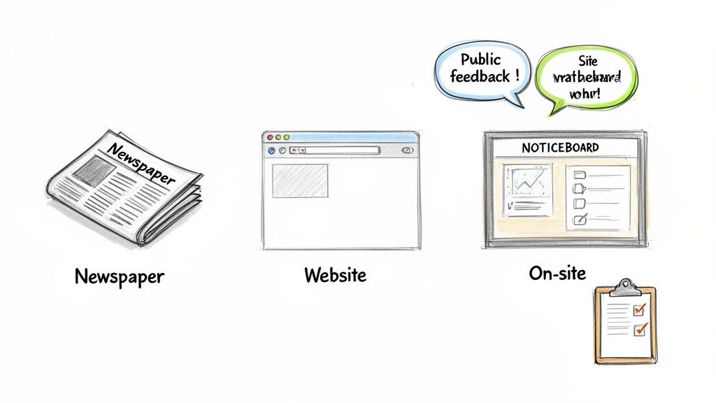 Illustration depicting various communication channels: a newspaper, a website, a noticeboard, and a clipboard.