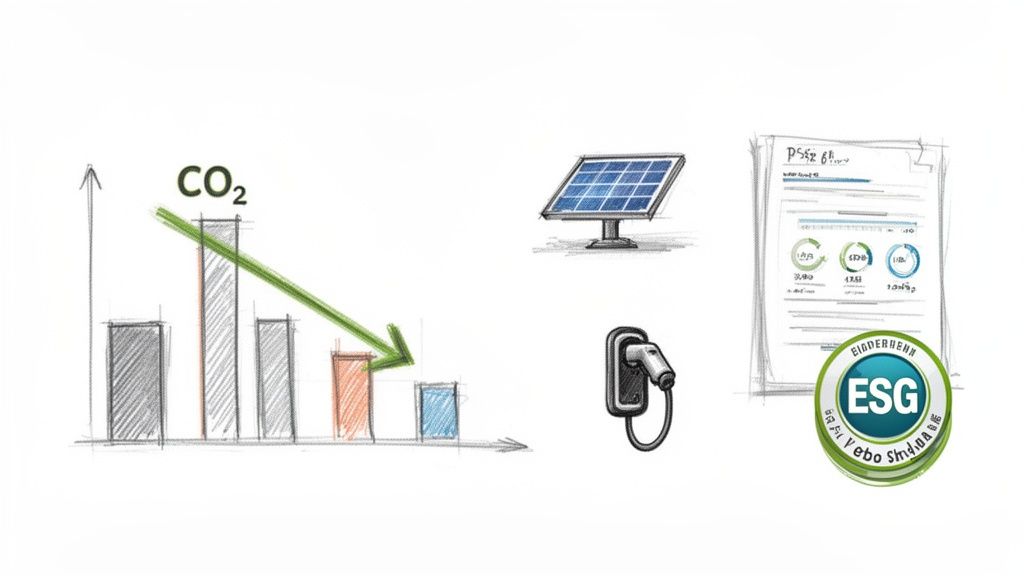 Illustration of CO2 reduction chart, solar panel, EV charging station, and an ESG report.
