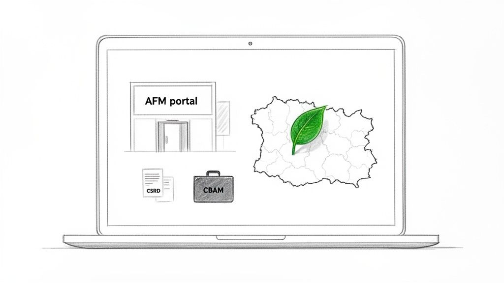A laptop screen displays an AFM portal, CSRD documents, a CBAM briefcase, and a green leaf over a map of Romania.