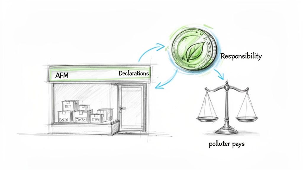 Diagram showing AFM declarations leading to environmental responsibility and the 'polluter pays' principle.