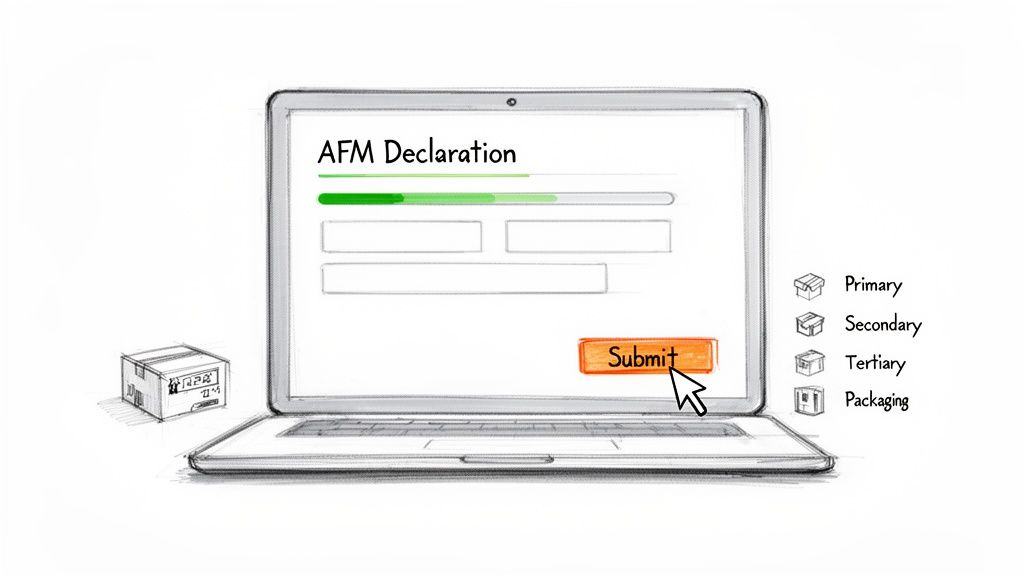 A sketch of a laptop displaying an AFM declaration form with a submit button being clicked.