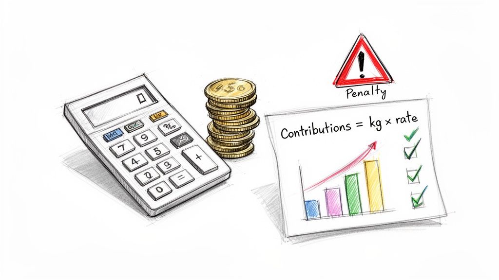 A calculator, stack of coins, bar graph with upward trend, formula, checkmarks, and penalty sign.