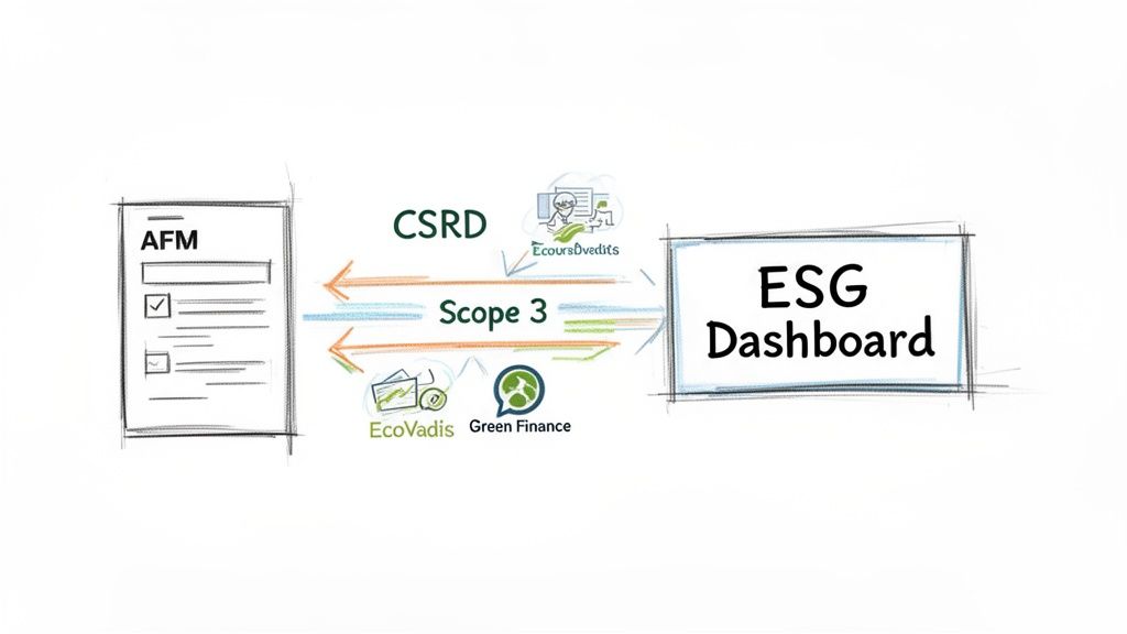 Diagram illustrating ESG data flow from AFM, EcoursDvedits, EcoVadis, Green Finance to an ESG Dashboard, linking CSRD and Scope 3.