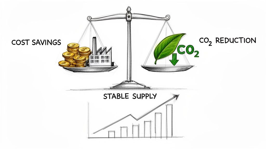 Illustration of cost savings and CO2 reduction balanced with a growing stable supply.
