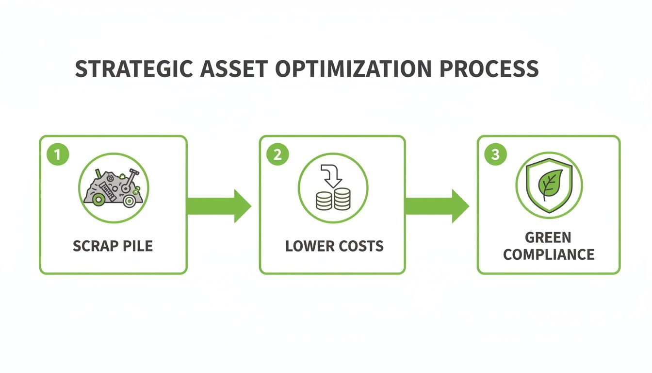 Flowchart illustrating strategic asset optimization from scrap metal to cost reduction and green compliance.