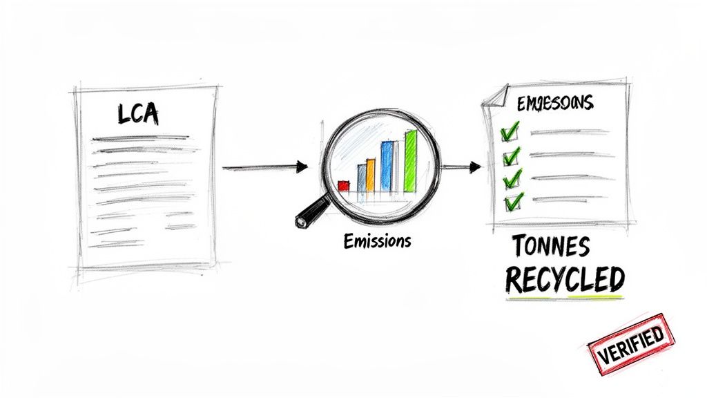 A diagram illustrating Life Cycle Assessment (LCA), emissions analysis, and tracking of verified recycled tonnes.