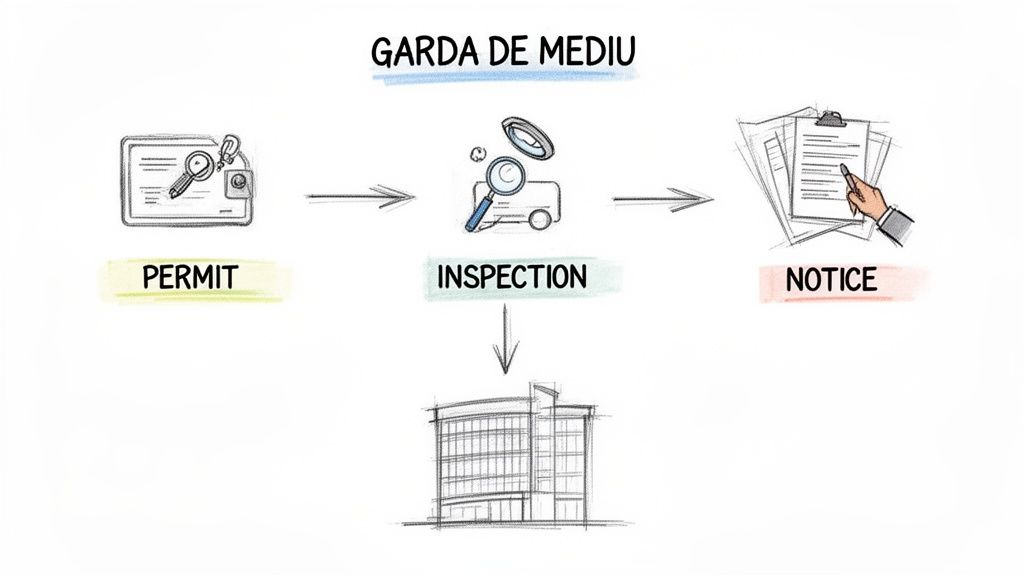 Flowchart illustrating the environmental inspection process from permit to inspection and notice by Garda de Mediu.