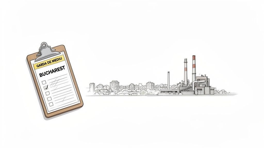 A clipboard with 'Garda de Mediu Bucharest' and a checked item, alongside a city skyline and industrial factory.