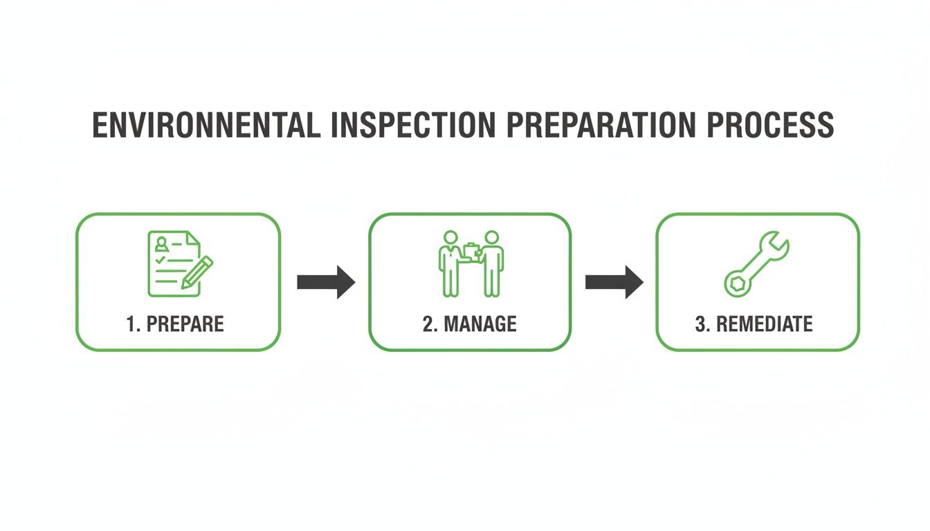 A three-step environmental inspection preparation process flow: prepare, manage, and remediate.